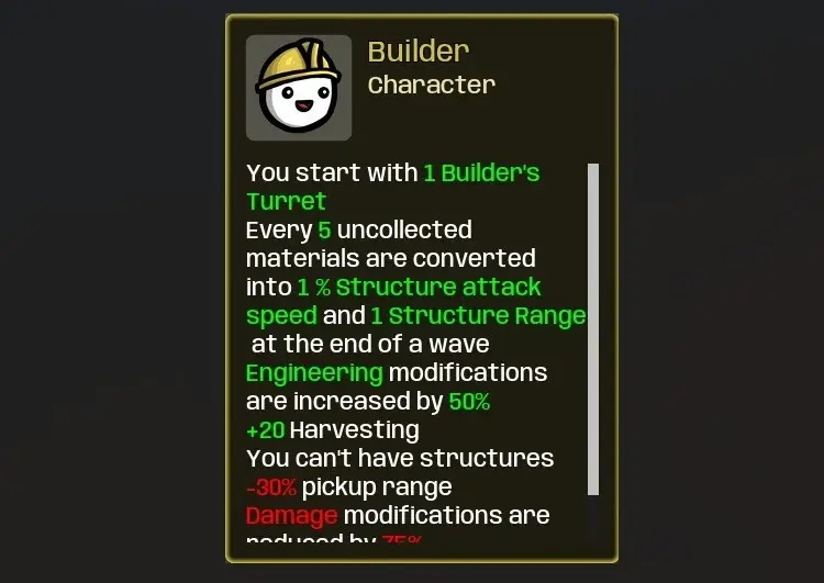 Brotato Builder character overview screen.