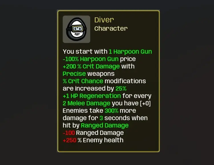 Brotato Diver character overview screen.