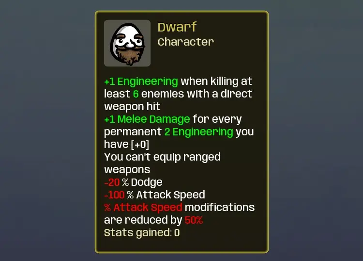 Brotato Dwarf character overview screen.