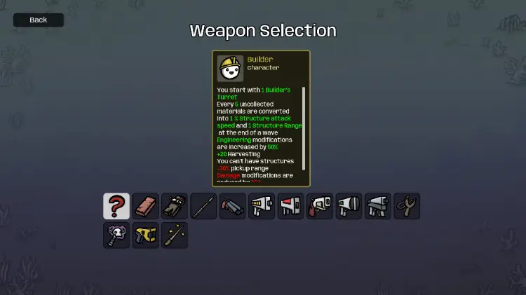 Brotato weapon selection screen for Builder.