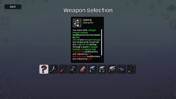 Brotato weapon selection screen for Cyborg.