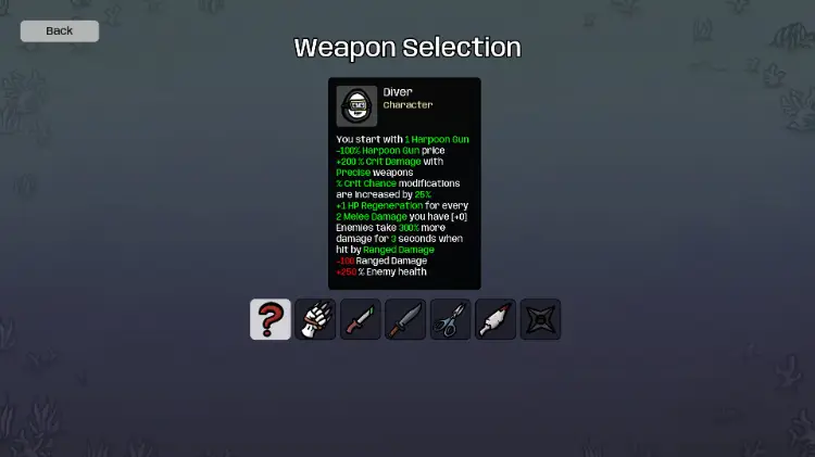 Brotato weapon selection screen for Diver.