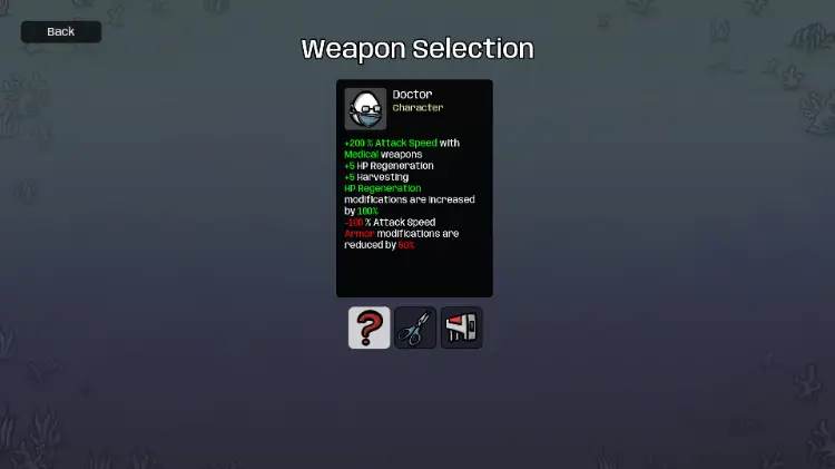 Brotato weapon selection screen for Doctor.