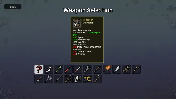 Brotato weapon selection screen for Explorer.