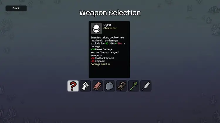 Brotato weapon selection screen for Ogre.