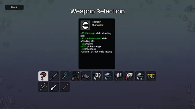 Brotato weapon selection screen for Soldier.