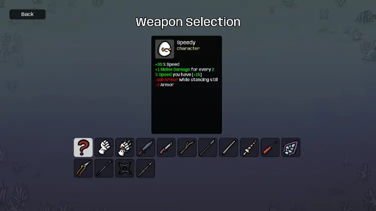 Brotato weapon selection screen for Speedy.