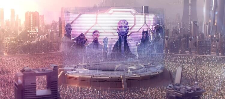 alien politician giving a speech to the masses stellaris wallpaper