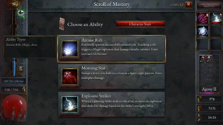 Halls of Torment Ability screen.