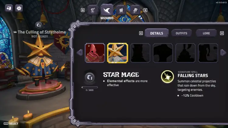 Wizard selection screen in Spell Brigade.