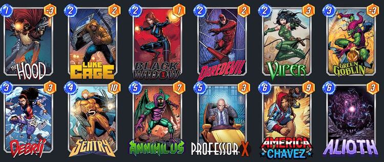 Annihilus Meta Deck: Luke Cage, Daredevil, America Chavez, Alioth, The Hood, Black Widow, Viper, Green Goblin, Debrii, Sentry, Annihilus, Professor X