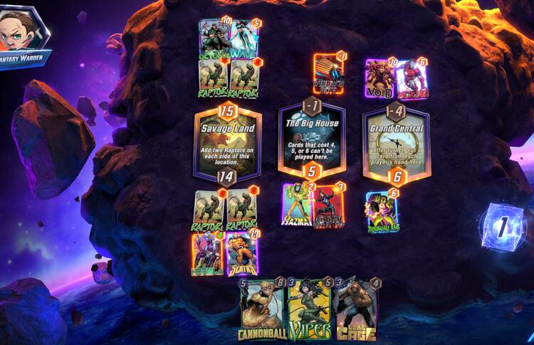 A game printscreen from Marvel Snap showing how Cannoball deck works 