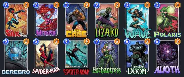Meta deck called Cerebro 5. Cards in it: Alioth, Enchantress, Wave, Silk, Medusa, Luke Cage, Lizard, Polaris, Cerebro, Spider-Man, Spider-Man (Miles Morales), Doctor Doom