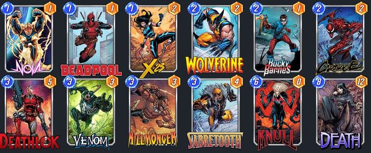 One of the meta decks in Marvel Snap, classic destroy deck. Following cards are shown: X-23, Wolverine, Bucky Barnes, Carnage, Deathlok, Venom, Killmonger, Knull, Death, Nova, Deadpool, Sabretooth