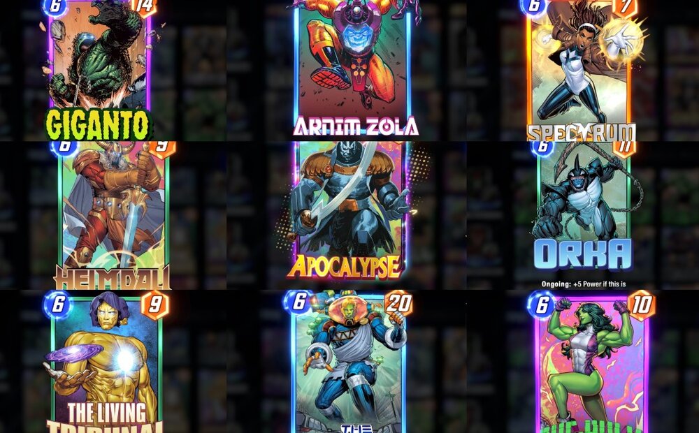 A collage of 9 cards in Marvel Snap, 6 cost cards
