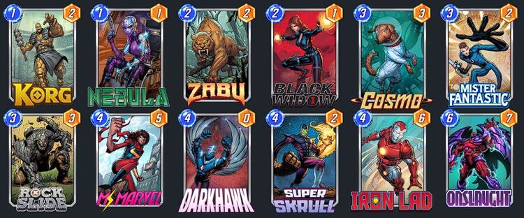 Darkhawk Marvel deck: Nebula, Black Widow, Cosmo, Mister Fantastic, Zabu, Ms. Marvel, Rock Slide, Korg, Darkhawk, Iron Lad, Onslaught