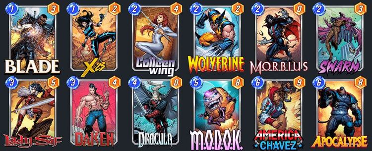 Meta discard deck named Dracula Morbious containing following cards: X-23, Wolverine, DakenBlade, Colleen Wing, Morbious, Swarm, Lady Sif, Dracula, M.O.D.O.K., America Chavez, Apocalypse