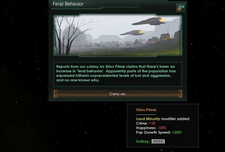 Stellaris game printscreen: Feral Behivor - Start of Feral Overload chain of events leading to Savage Spores