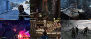 Games like Deep Rock Galactic collage of printscreens from various games