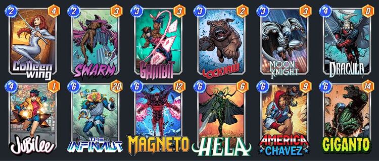 Meta Deck called Hela Discard: Colleen Wing, Swarm, Gambit, Moon Knight, Dracula, Lockjaw, Jubilee, The Infinaut, Magneto, Hela, America Chavez, Giganto