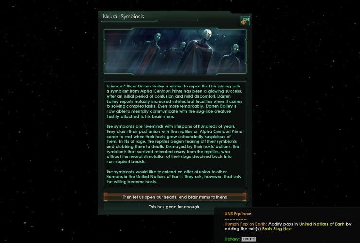 Printscreen from Stellaris: Neural Symbiosis event - part 2 of Brain Slug Stellaris event