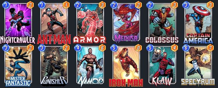Economy meta deck in Marvel Snap: Nightcrawler, Medusa, Ant-Man, Armor, Colossus, Captain America, Mister Fantastic, The Punisher, Namor, Iron man, Klaw, Spectrum