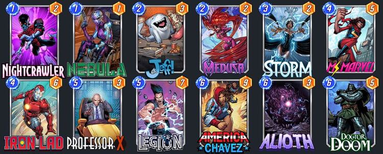 One of the best decks in Marvel Snap containing cards: Nightcrawler, Medusa, Legion, Doctor Doom, America Chavez,Nebula, Jeff!, Storm, Ms. Marvel, Iron Lad, Professor X, Alioth