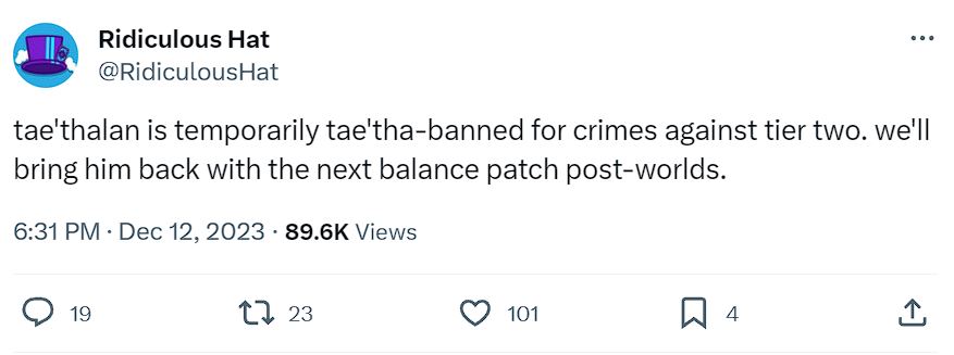 Status from X coming from Hearthstone media publisher stating the ban taking place on Tae’thelan Bloodwatcher