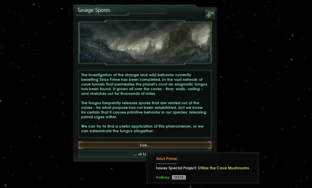 Printscreen: Savage Spores Stellaris event triggered