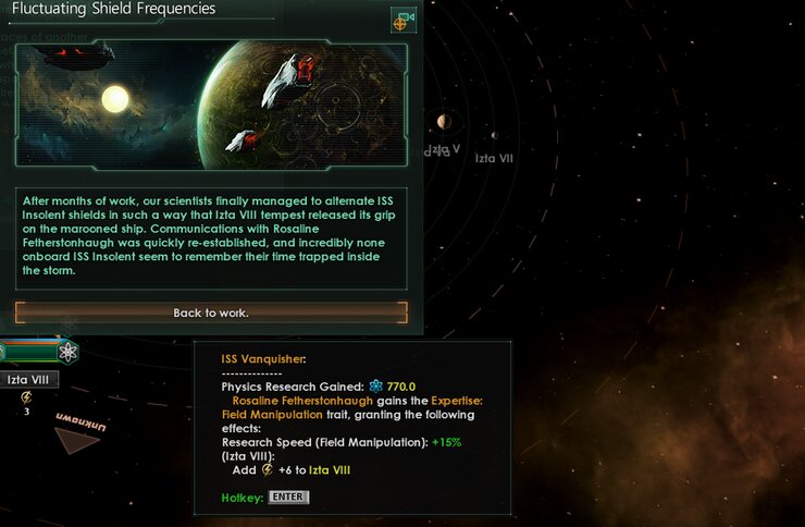 Bonuses that a player gets when finishing Caught in The Eye event by saving the ship in Stellaris game