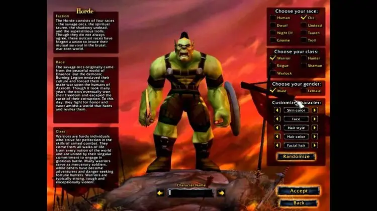 character creation screen in vanilla wow